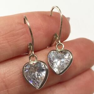 Vintage 925 Sterling Silver Bezel Set Heart Rhinestone Drop Dangle Earrings